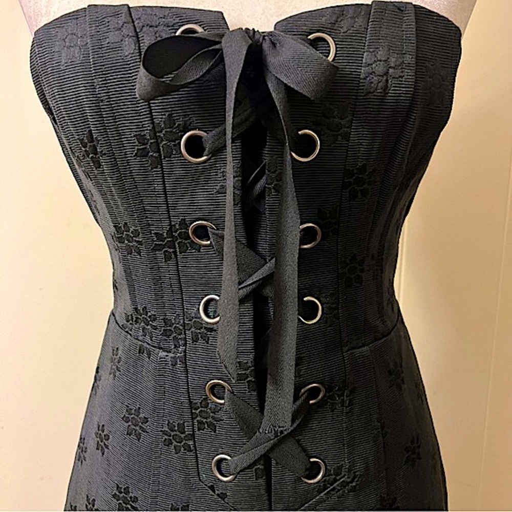 Nanette Lepore vintage Black Floral Jacquard Lace-Up Corset Mini Dress Size 2 - Picture 6 of 14